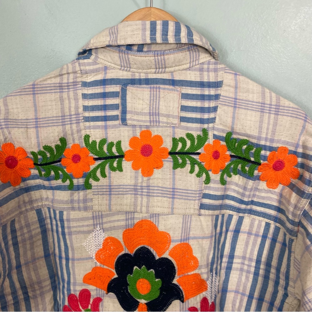 Free People Embroidered Sashiko Shirt Plaid Floral Oversized XS Blue Ivory - Picture 6 of 7
